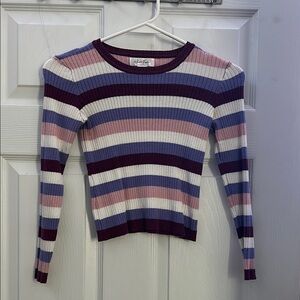 White Fawn Ribbed Stripe Knit Long Sleeve Top – Purple & Mauve Fitted Y2K Tee
